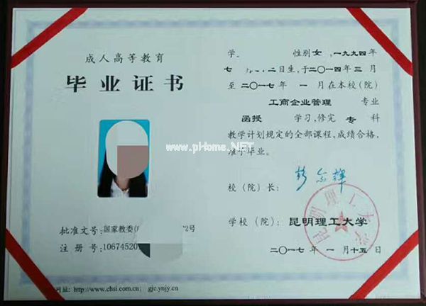 昆明大学毕业证内芯